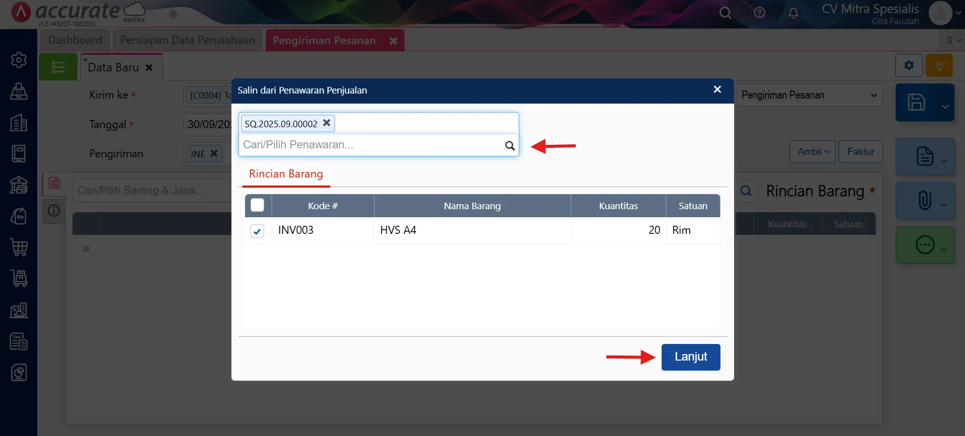 catat pengiriman pesanan dari penawaran penjualan